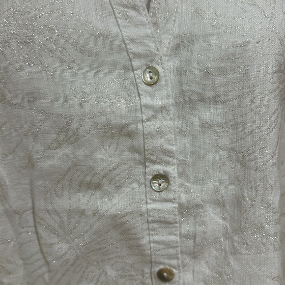 “Calyspo St. Barth 100% Linen Shirt – White Leaf Pattern w/ Lurex, - Picture 4 of 7